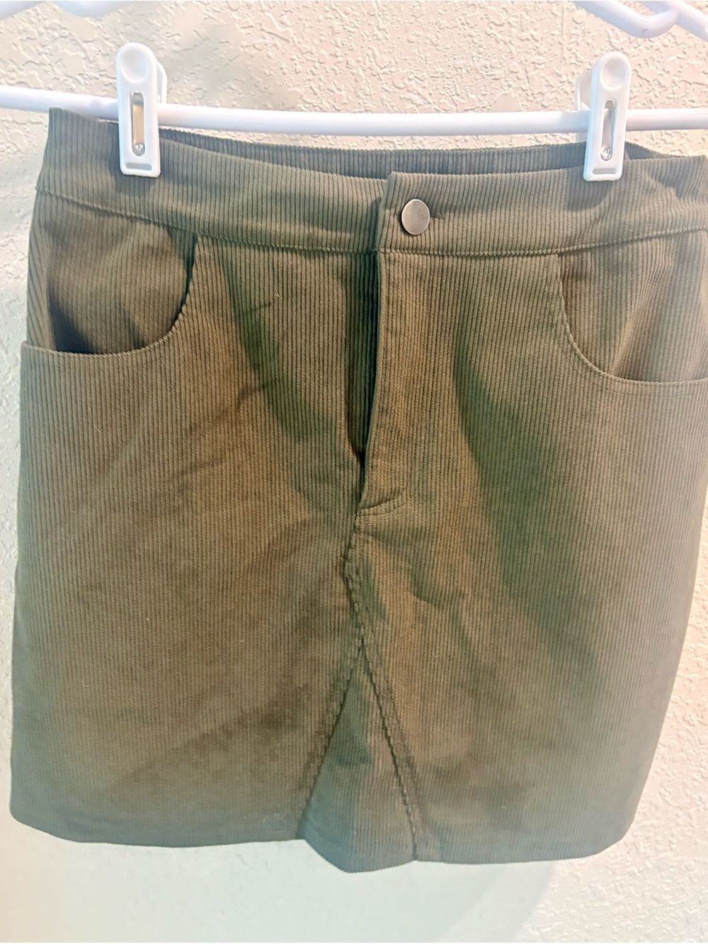 Corduroy Mini Skirt in Olive Green with Front Pockets